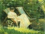 Peter Severin Kroyer kunstnerens hustru siddende i en havestol i deres have pa skagen oil
